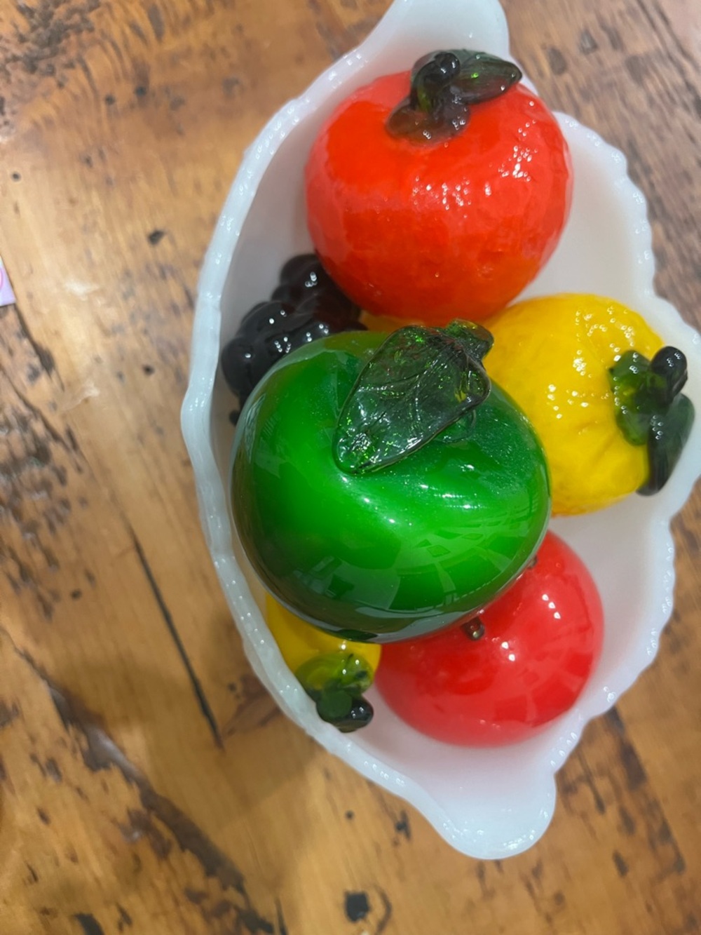 Vintage footed milk glass bowl with glass fruit